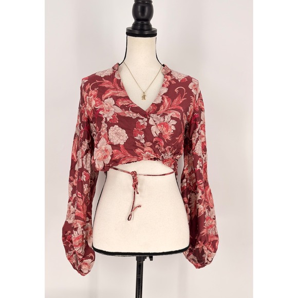 Zara Woman Floral Wrap Crop Blouse XS Red Long Sleeve V Neck Boho Tie Top - Picture 1 of 10